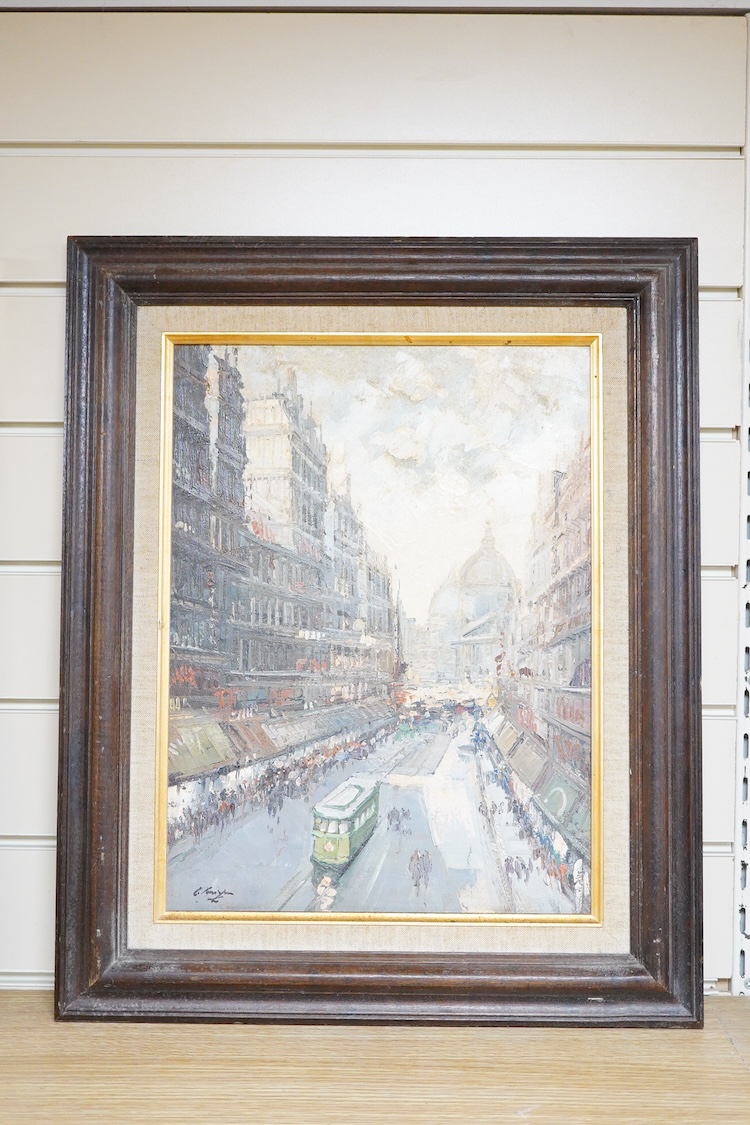 Impressionist School, Busy London street scene, indistinctly signed lower left, oil on canvas, 39 x 38cm